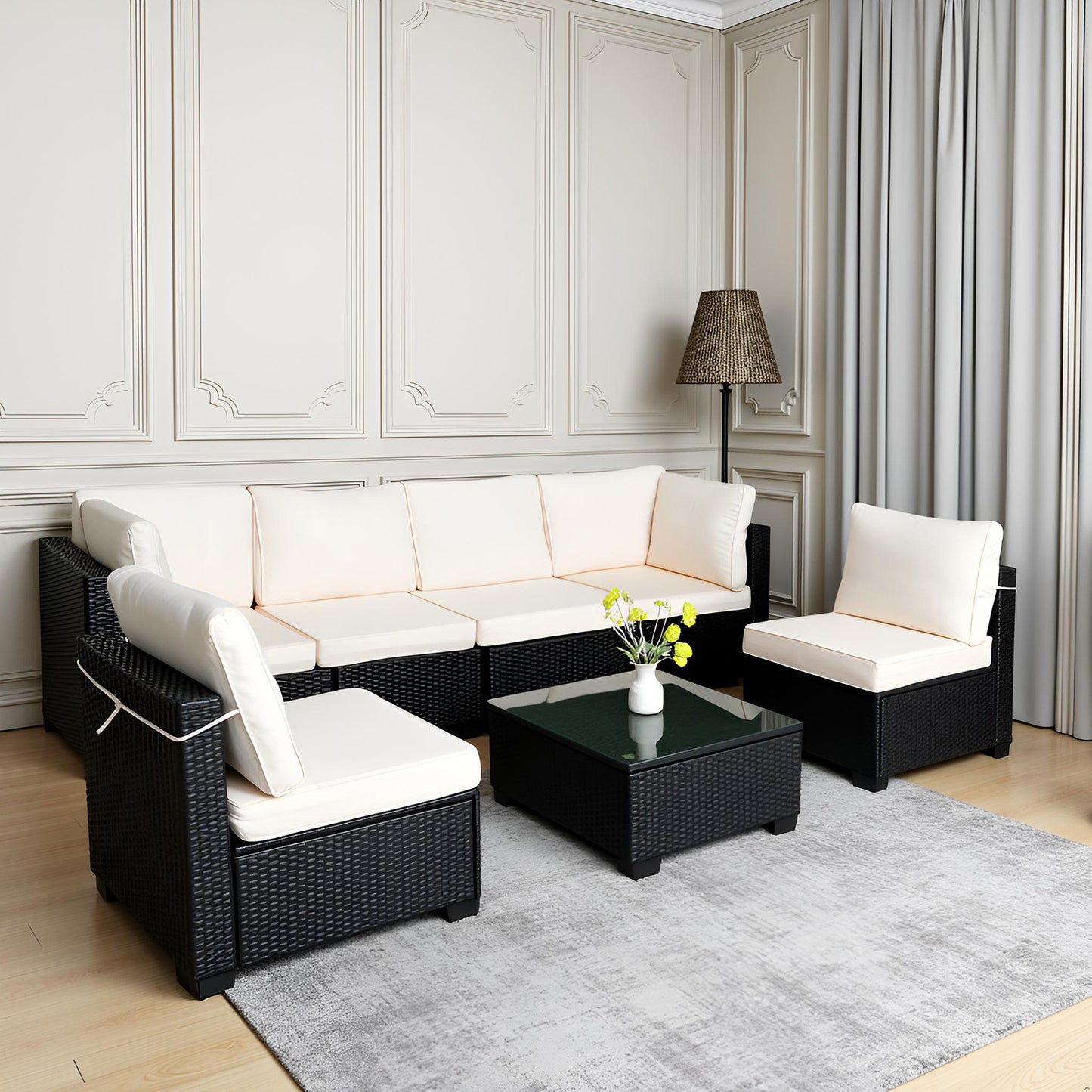 Seven-Piece Rattan Sofa Set With White Color Cushion