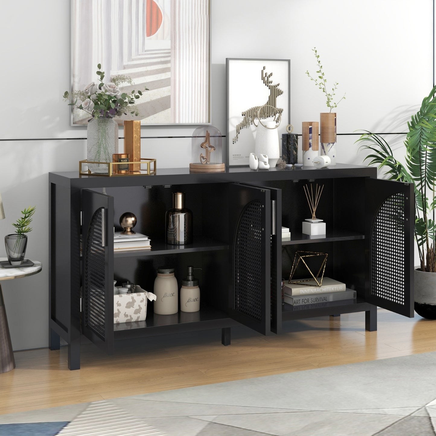 Black Sideboard w/Rattan Door & Metal Handles