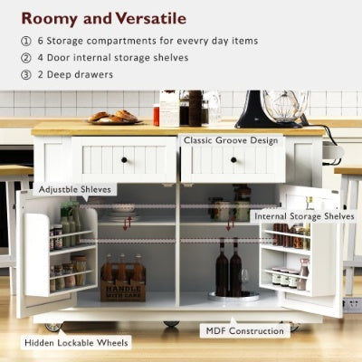Large Kitchen Island with 2 Bar Stools and Power Outlet