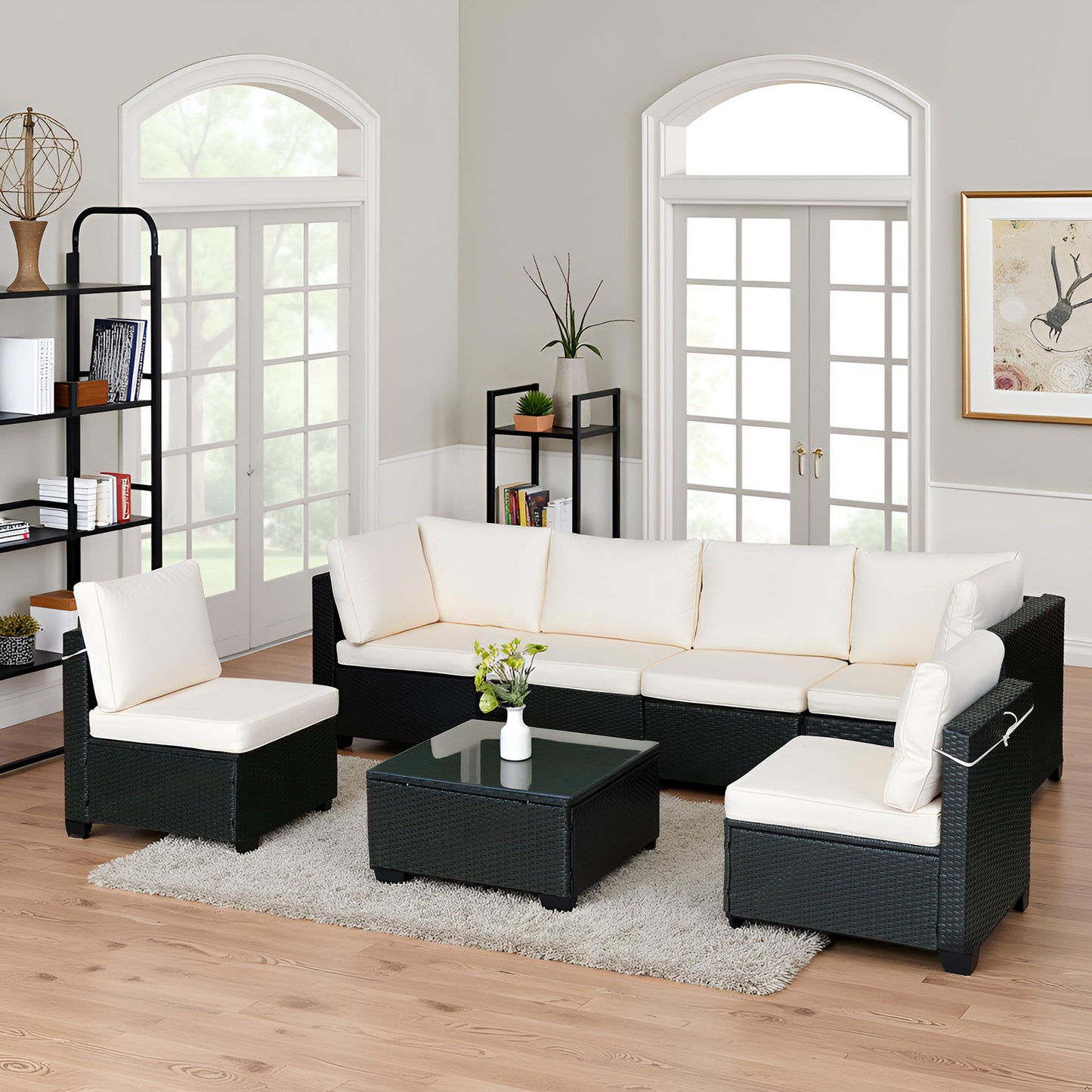 Seven-Piece Rattan Sofa Set With White Color Cushion