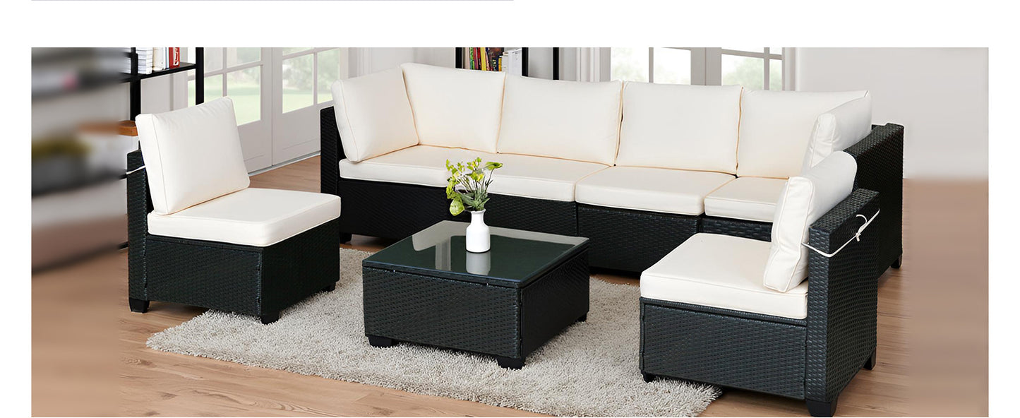 Seven-Piece Rattan Sofa Set With White Color Cushion