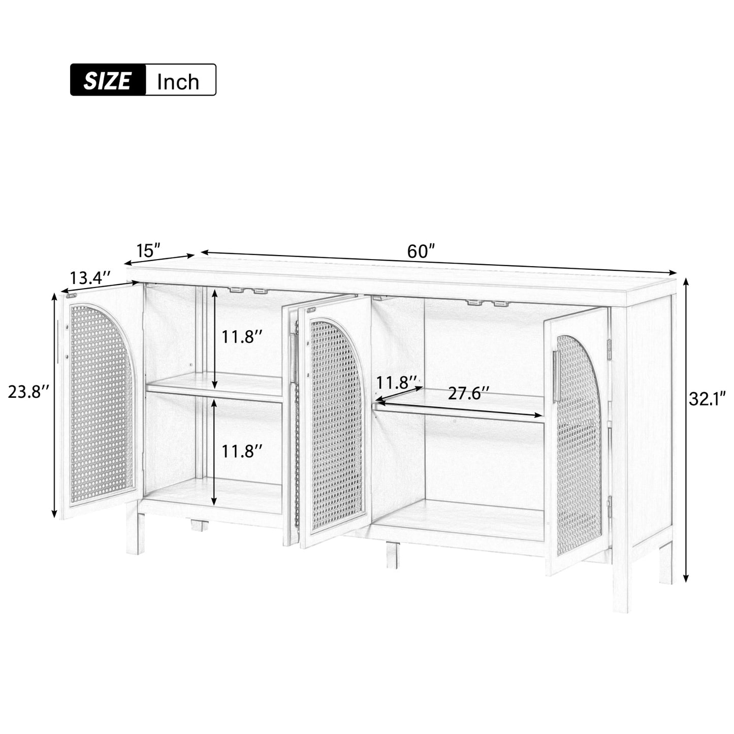 Black Sideboard w/Rattan Door & Metal Handles