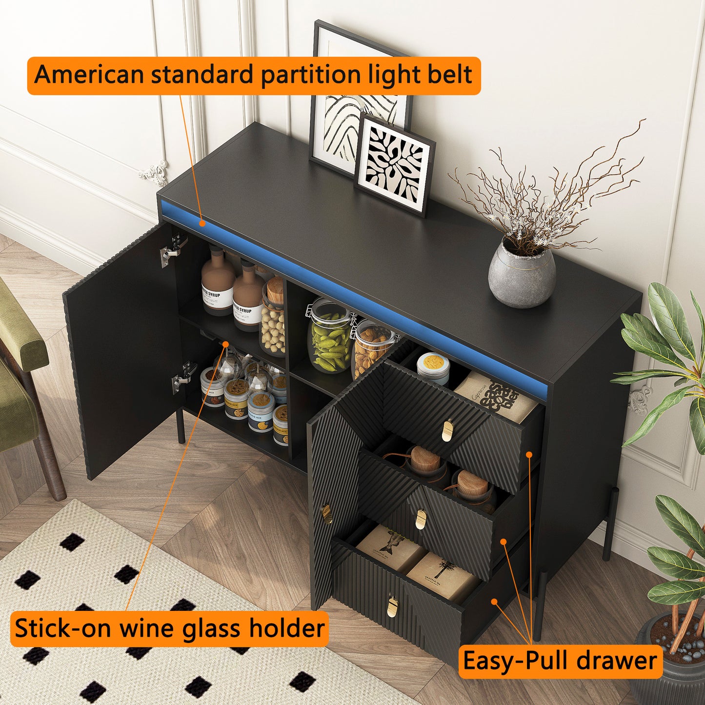 Elegant Fluted Sideboard Cabinet With Led Lights