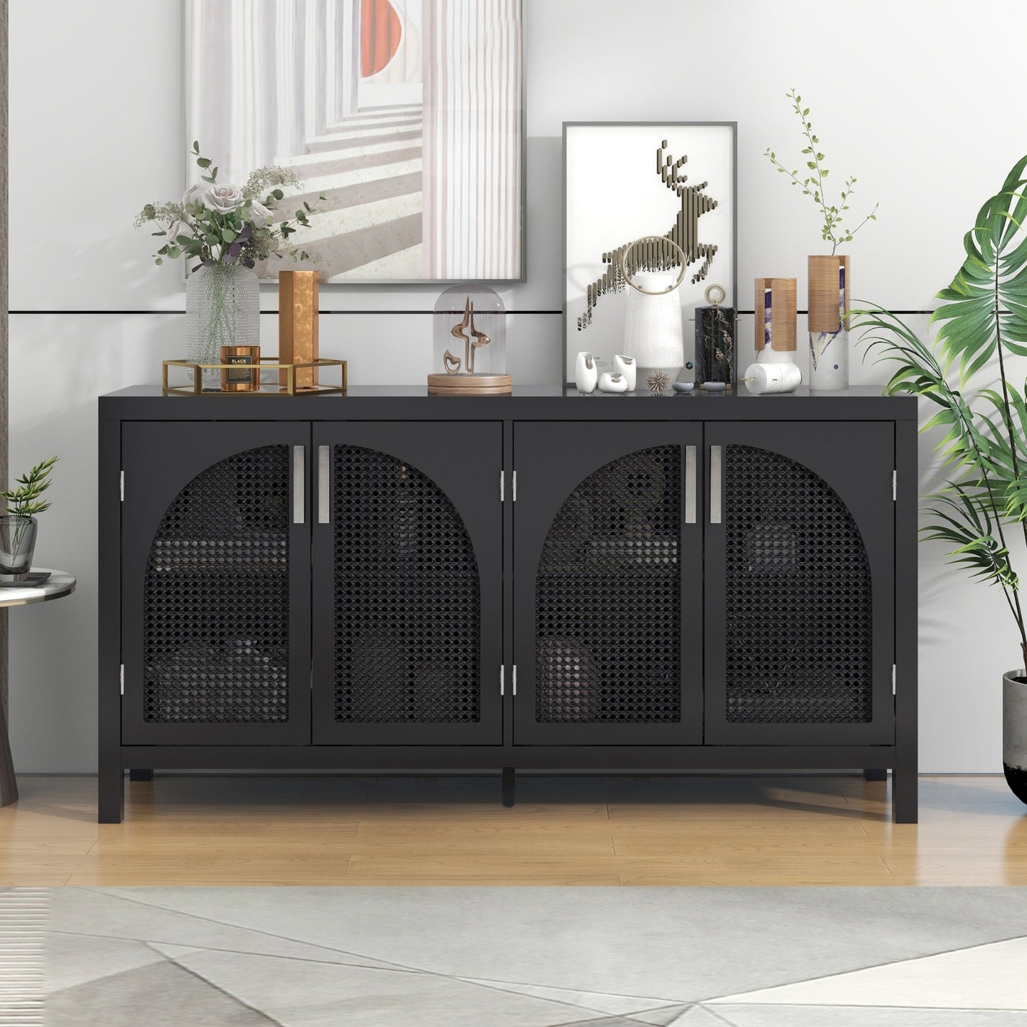 Black Sideboard w/Rattan Door & Metal Handles