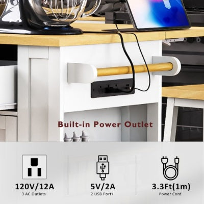 Large Kitchen Island with 2 Bar Stools and Power Outlet
