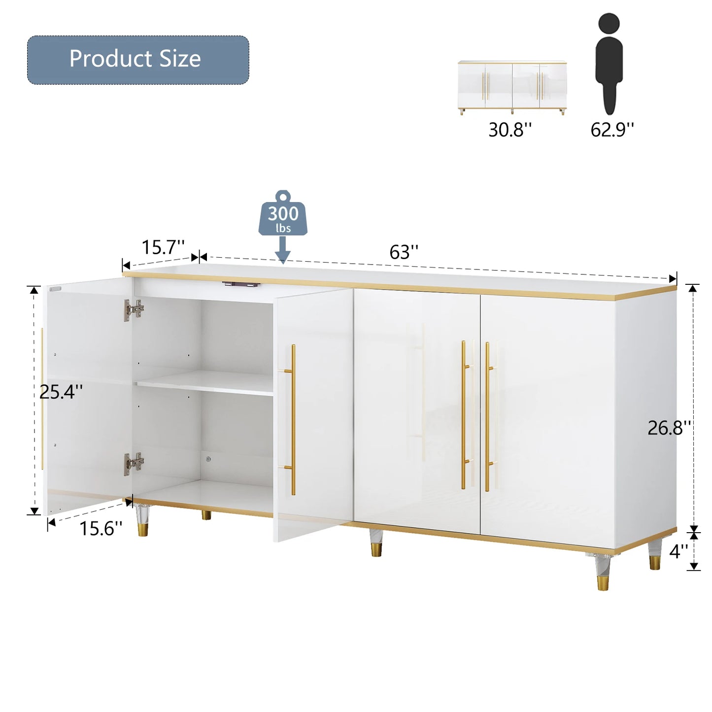Luxury 63" Buffet Sideboard Cabinet with Adjustable Shelves
