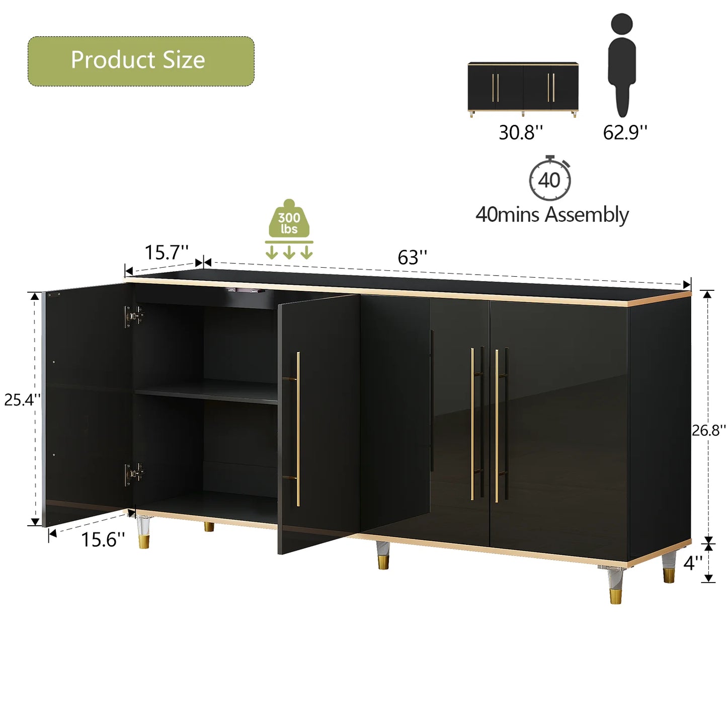 Luxury 63" Buffet Sideboard Cabinet with Adjustable Shelves