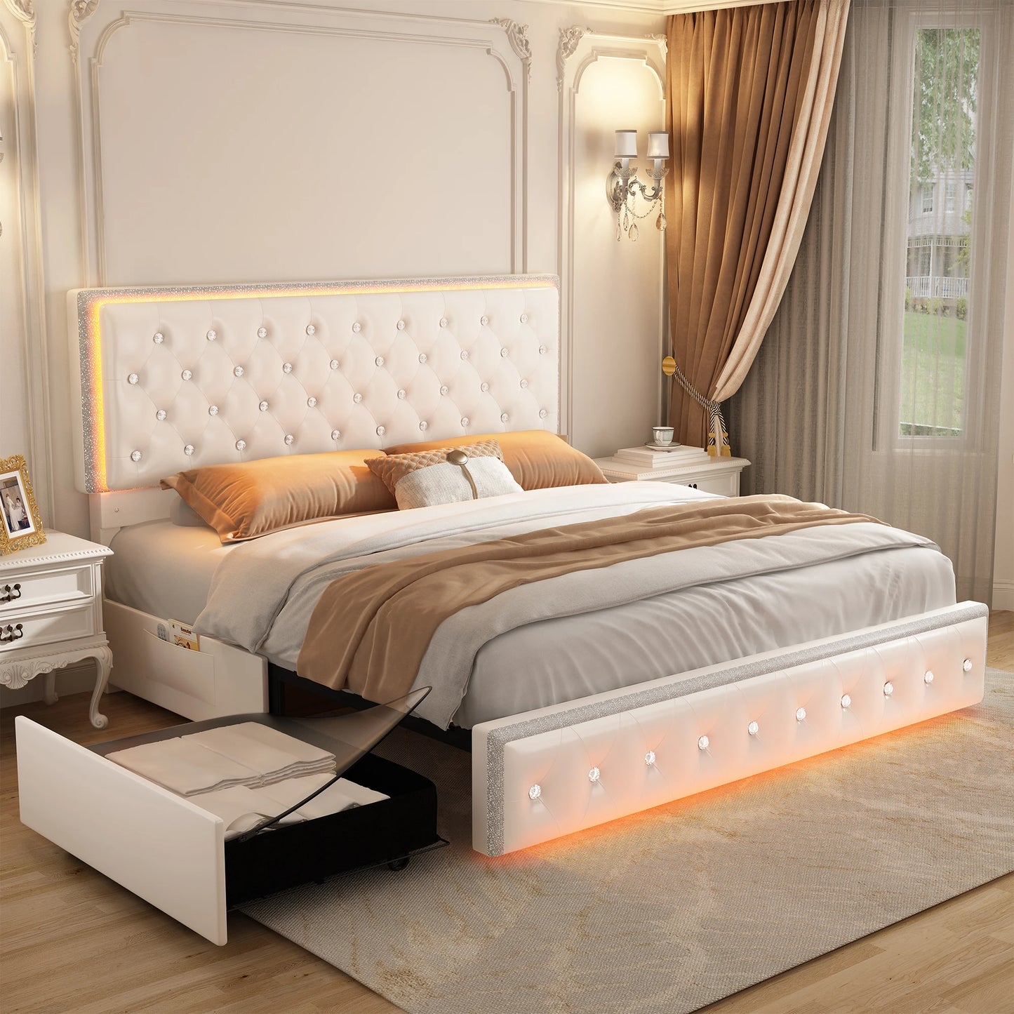 Tufted Crystal Button Headboard & Footboard, Side Pockets with Storage Platform