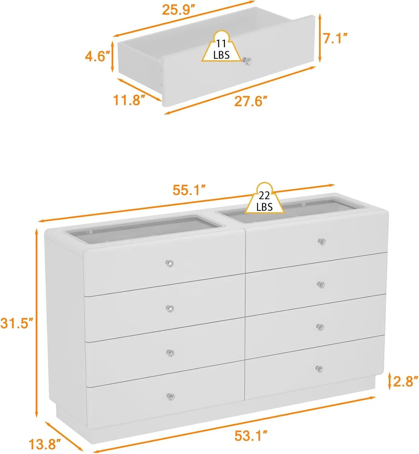 Glass Top White Vanity with 8 Drawers