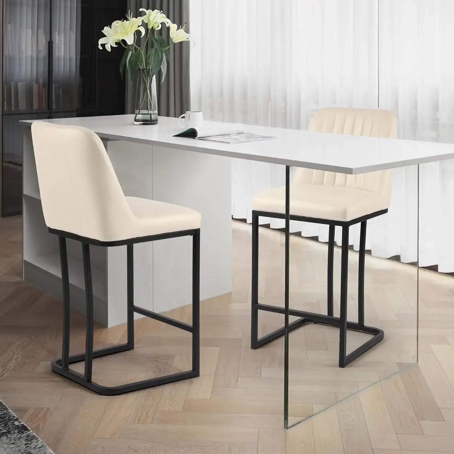 Upholstered Fabric Counter Height Bar Stools w/Footrest & Metal Legs