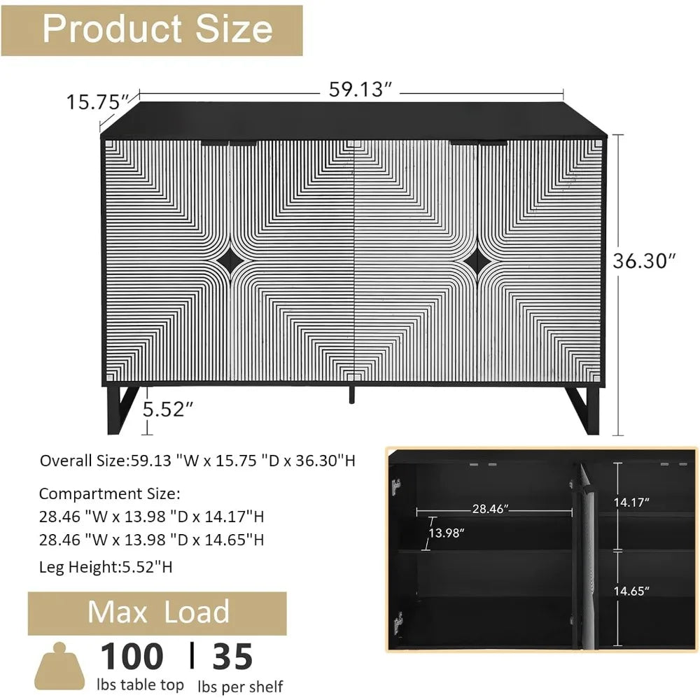 59in. Sideboard Buffet with Black & White Striped Accent Cabinet