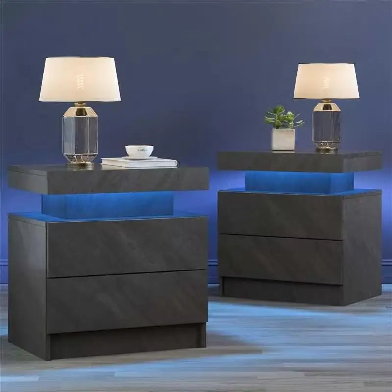 Set of 2 Black Bedside Nightstands with LED Lights