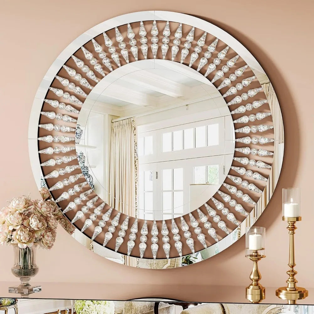 43-Inch Mirrored Console Table with Round Jeweled Decorative Wall Mirror Set of 2