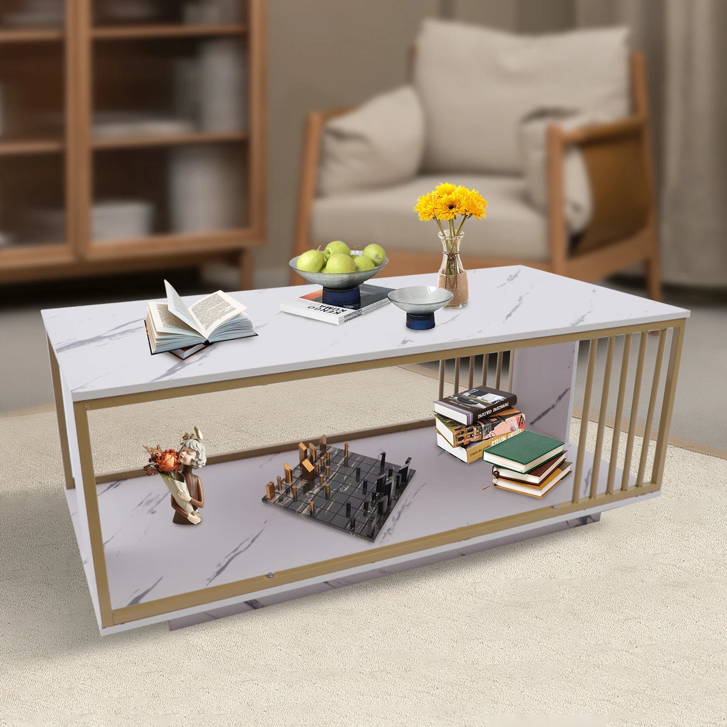 2-Tier White Faux Marble Coffee Table