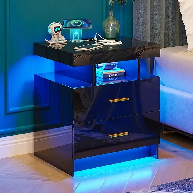 High Gloss Nightstand with USB/Wireless Charging Station (Set of 2)