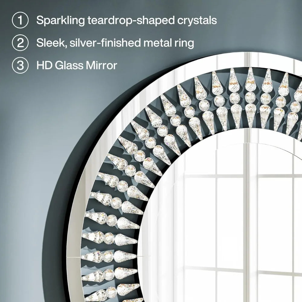 43-Inch Mirrored Console Table with Round Jeweled Decorative Wall Mirror Set of 2