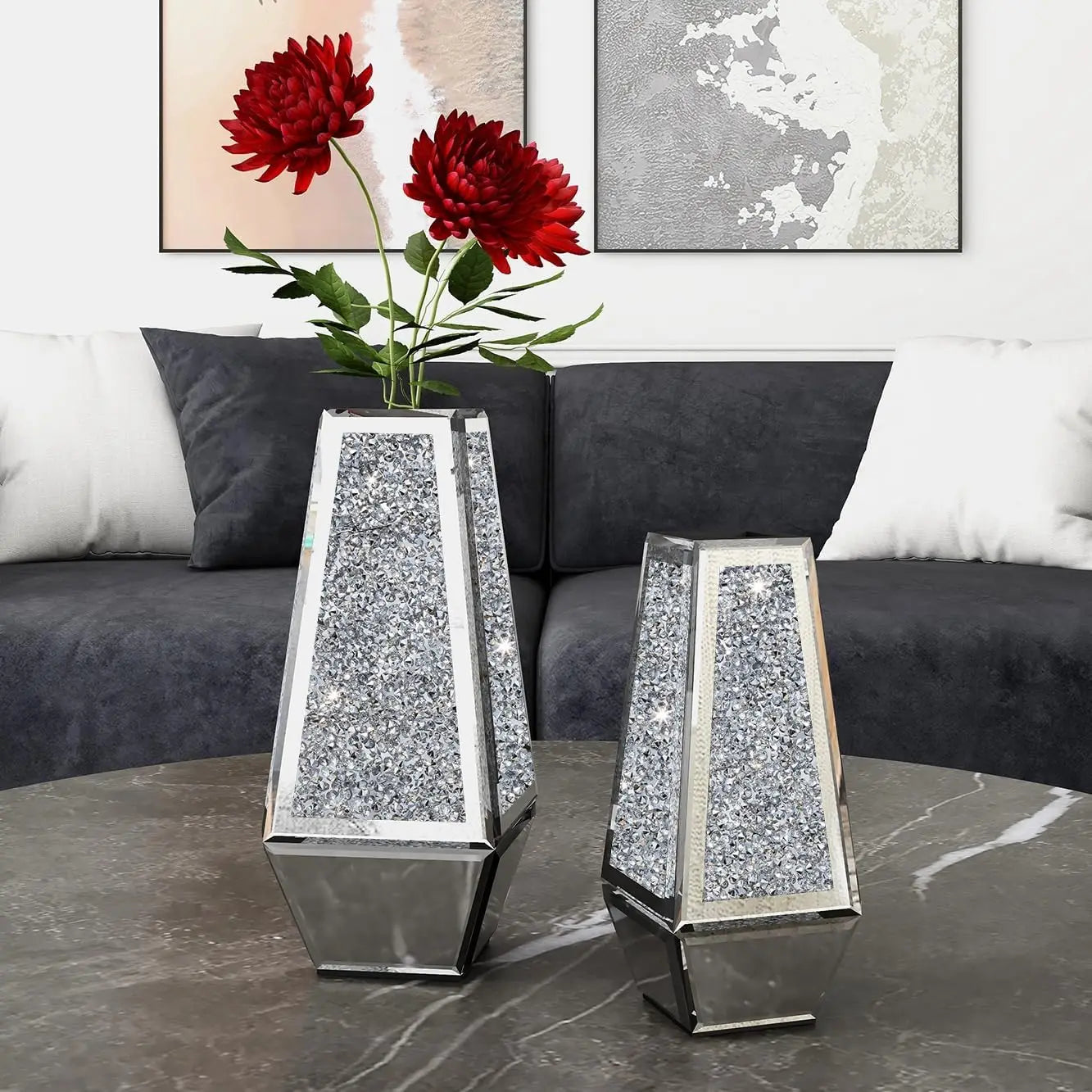 Silver Crushed Diamond Mirrored Vases (Set Of 2)