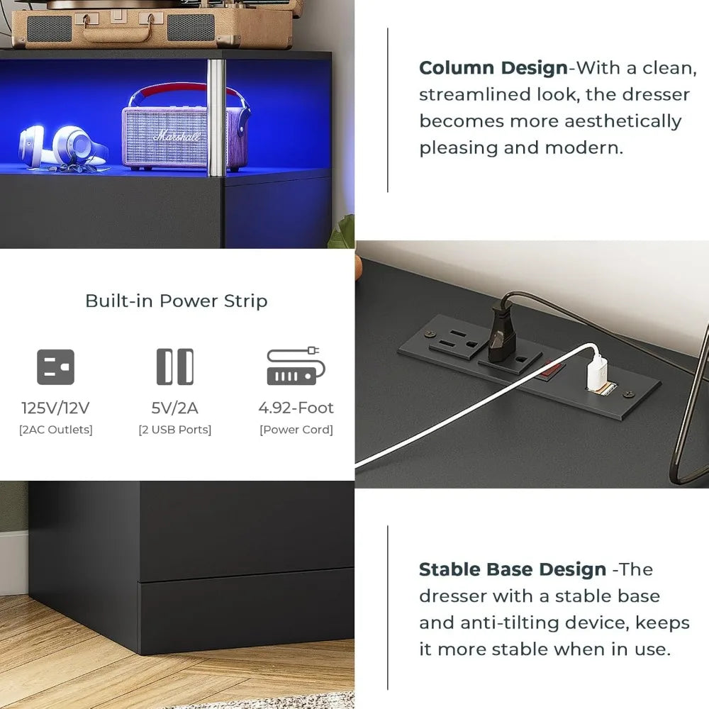 LED Tall Black 4 Drawer Dresser with Charging Station