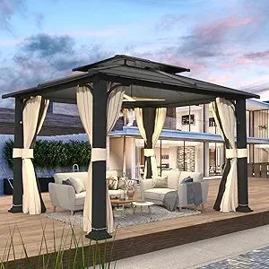 10'x12' Double Metal Roof Gazebo w/Aluminum Frame, Netting & Shaded Curtains