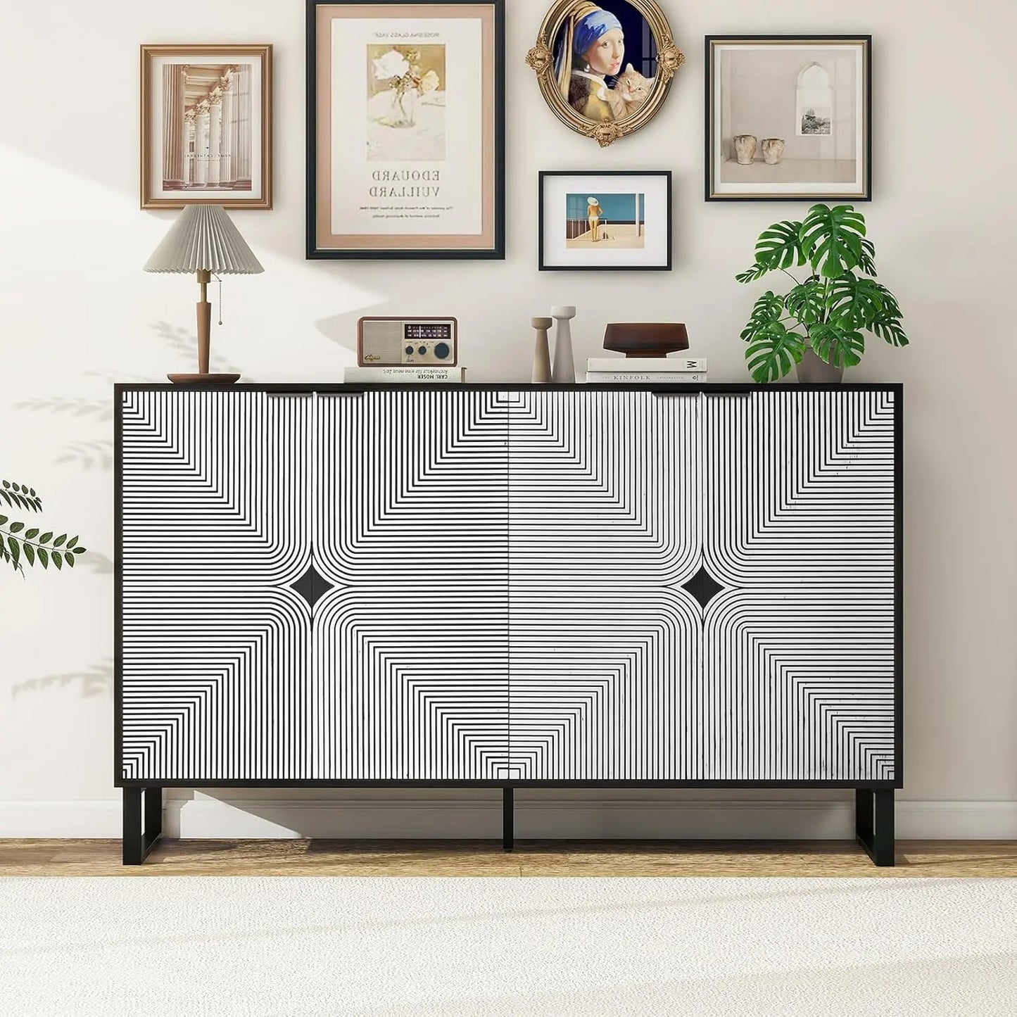 59in. Sideboard Buffet with Black & White Striped Accent Cabinet