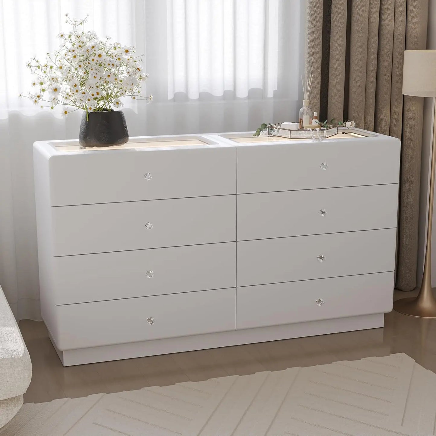 Glass Top White Vanity with 8 Drawers