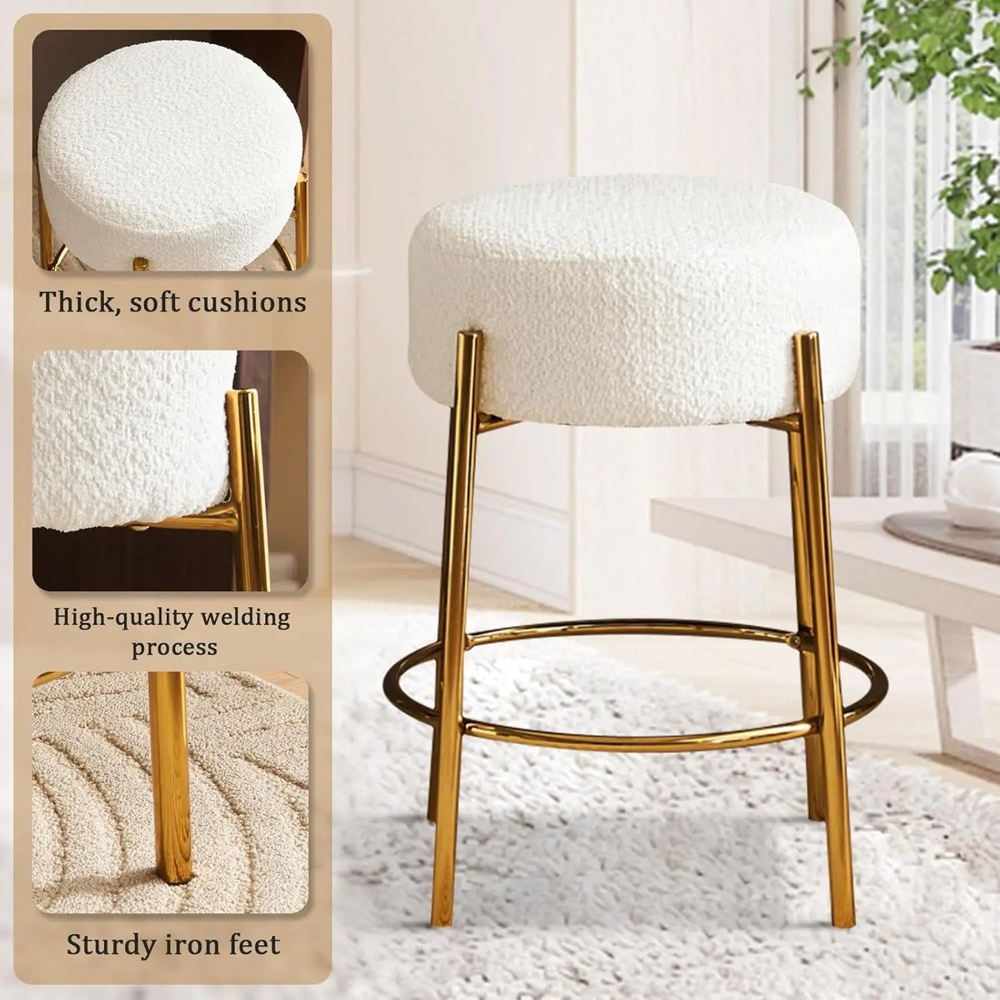 24" Sherpa Counter Height Stools w/ Round Soft Padded Boucle (Set Of 2)