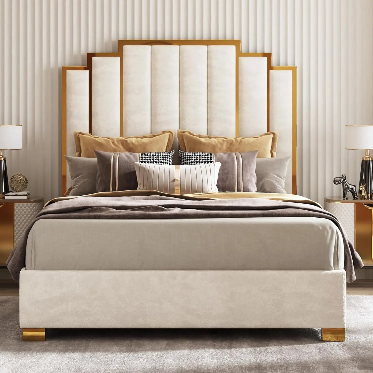 Upholstered Velvet Bed Frame w/Gold Trim Headboard