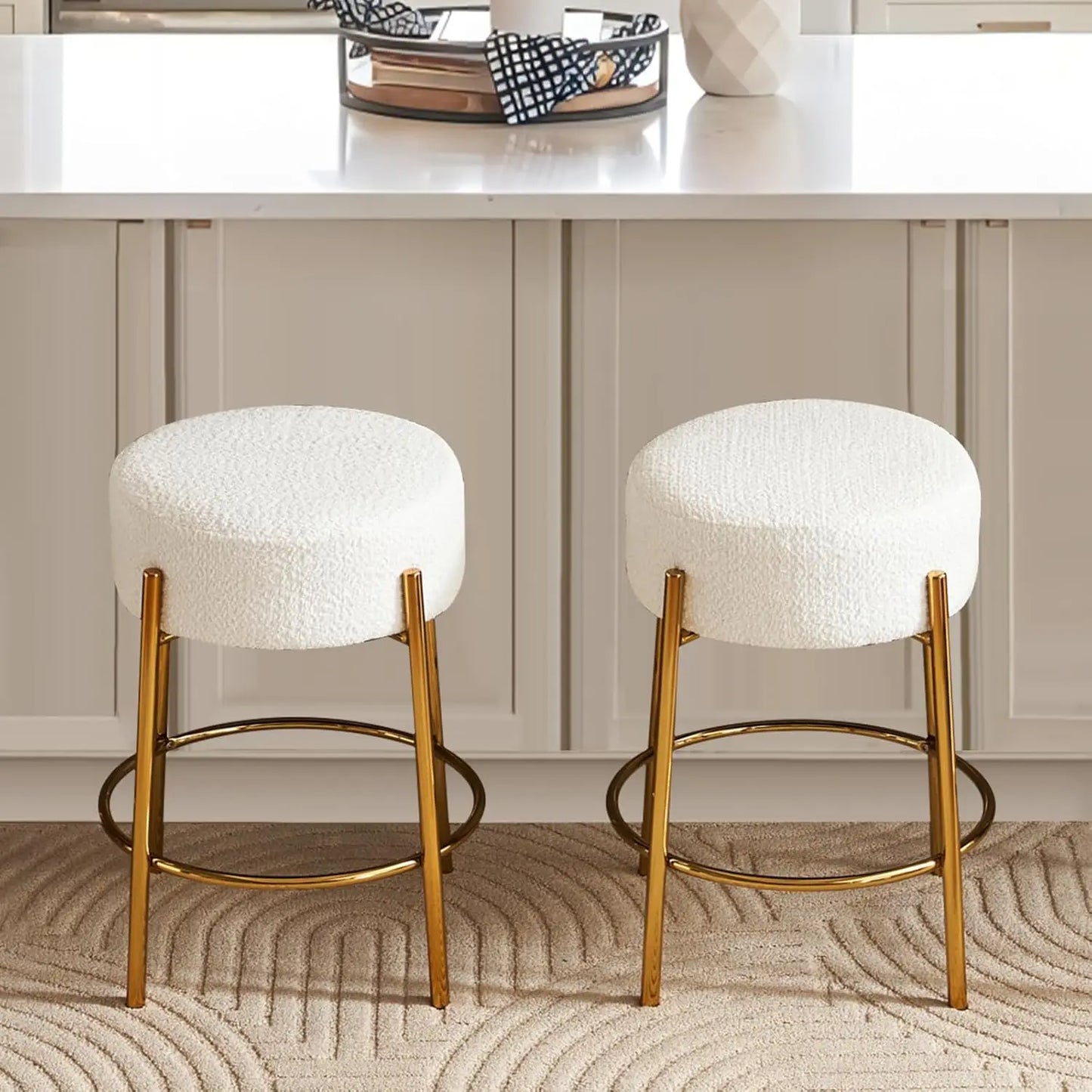 24" Sherpa Counter Height Stools w/ Round Soft Padded Boucle (Set Of 2)