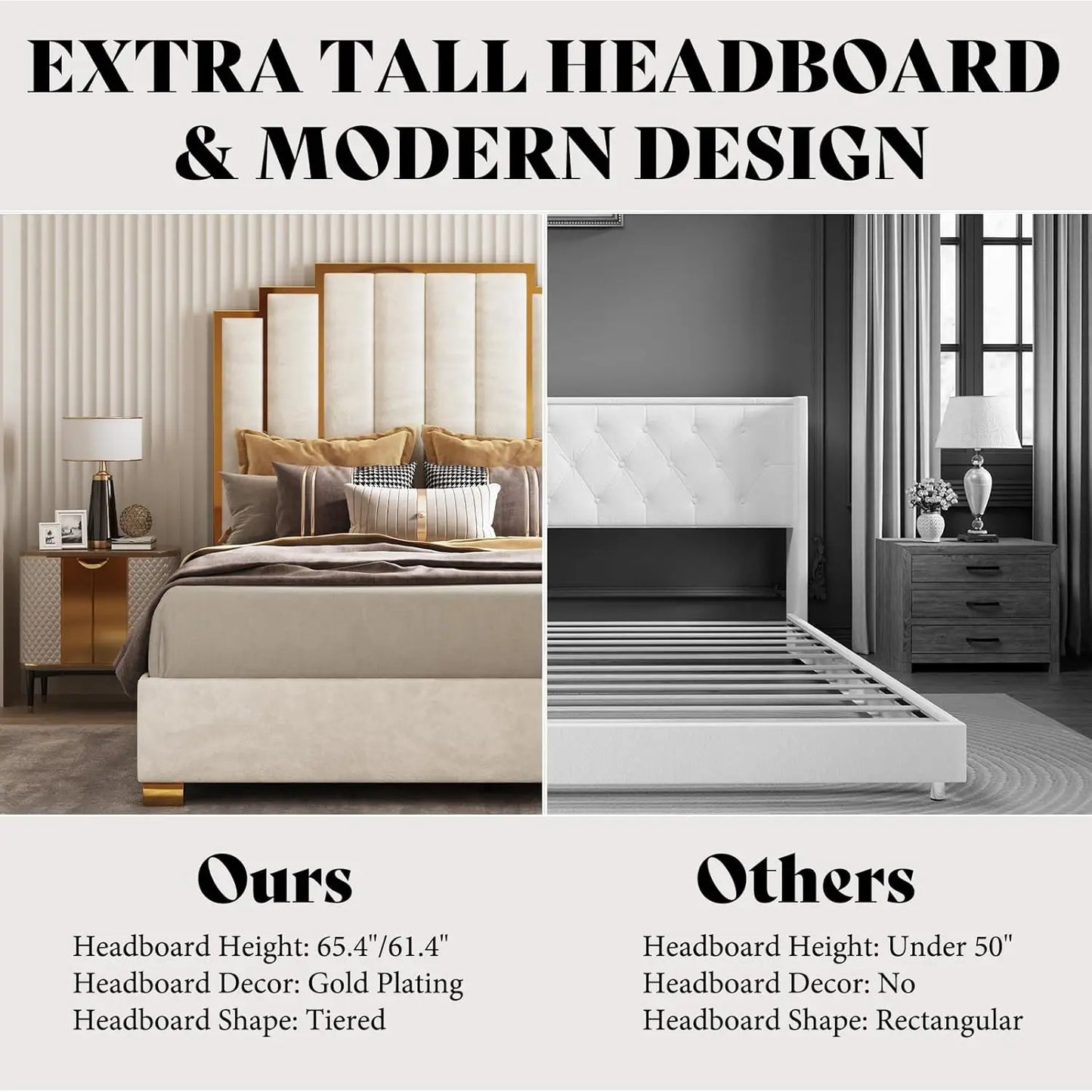 Upholstered Velvet Bed Frame w/Gold Trim Headboard