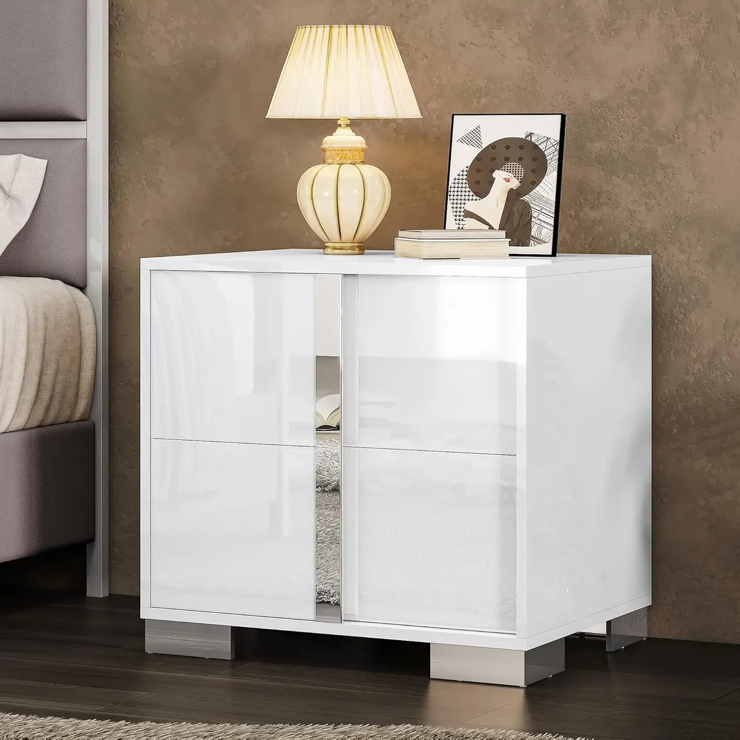 Set of 2 - 23.6" End Tables w/ Drawers, High Gloss UV Finish