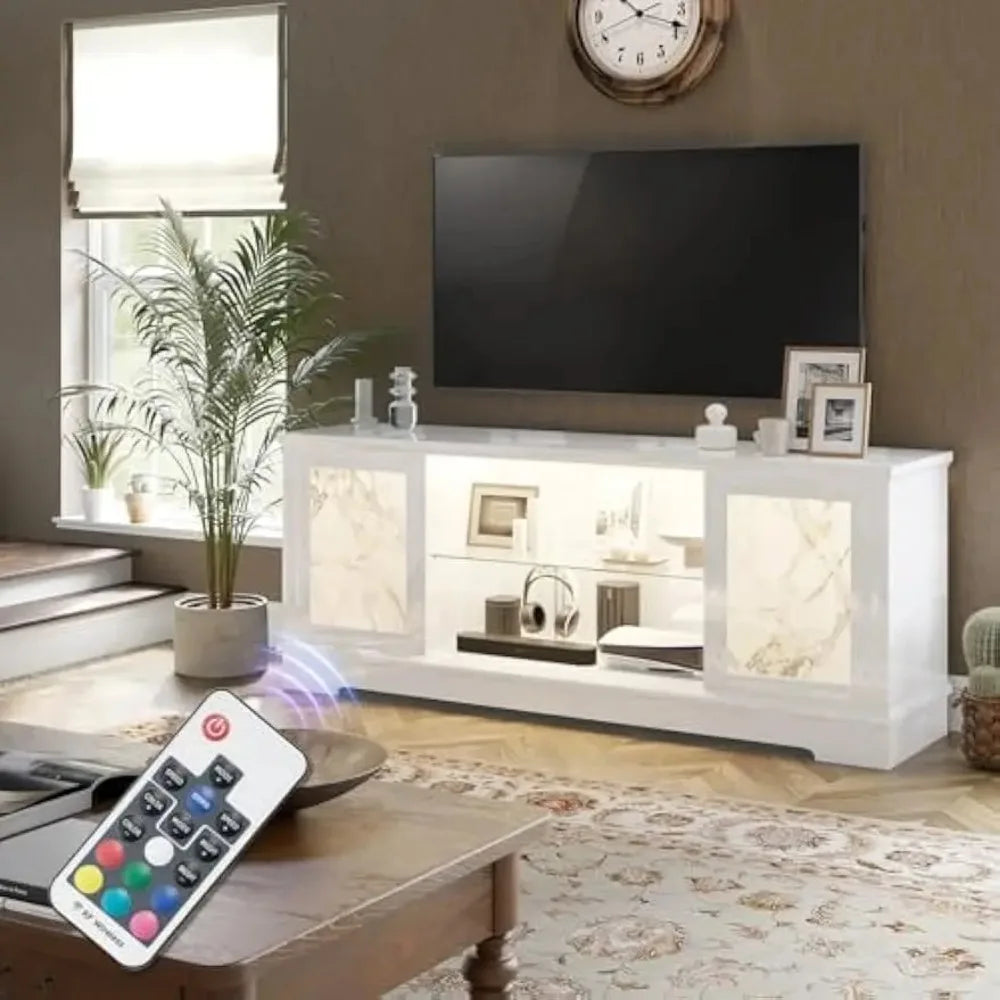 Luxury 63" High Gloss Entertainment Center w/ LED Lights & Pine Legs
