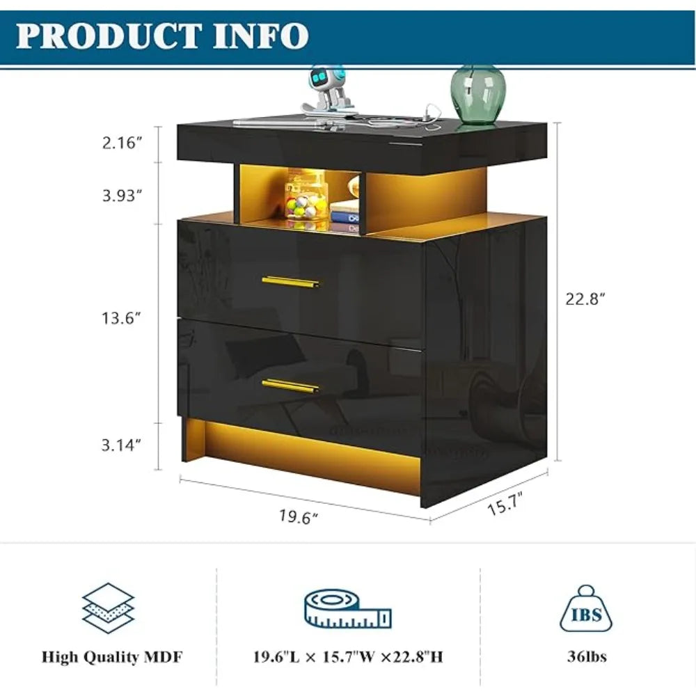High Gloss Nightstand with USB/Wireless Charging Station (Set of 2)