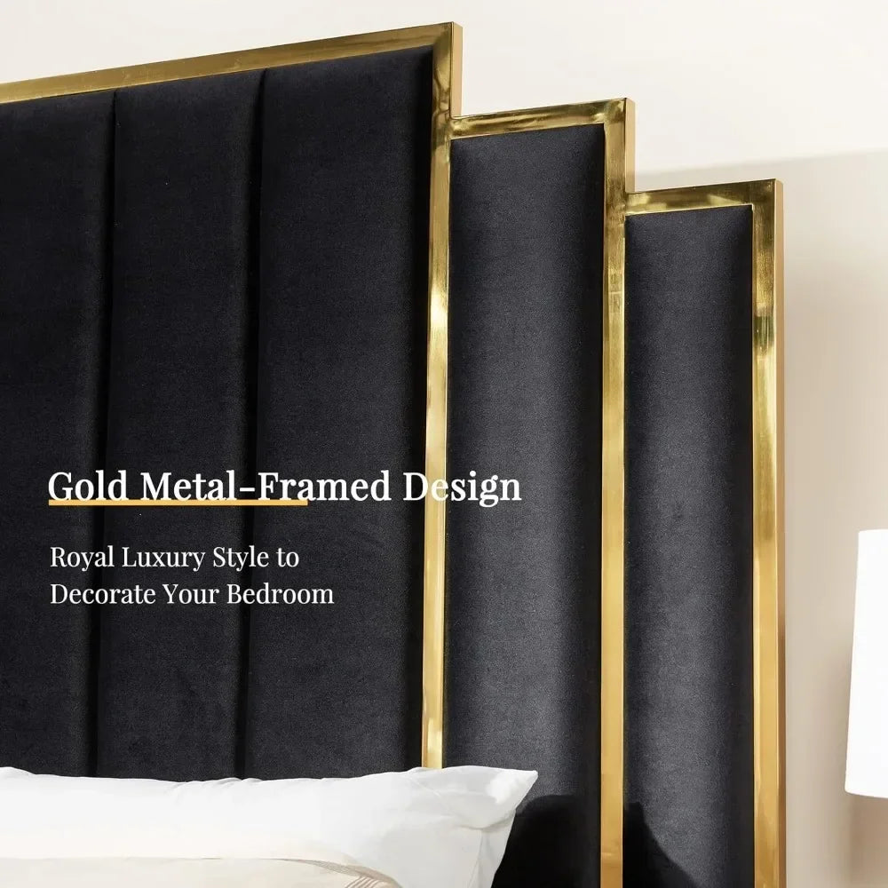 66in. Velvet Upholstered Bed with Gold Trim Headboard & Wooden Slats