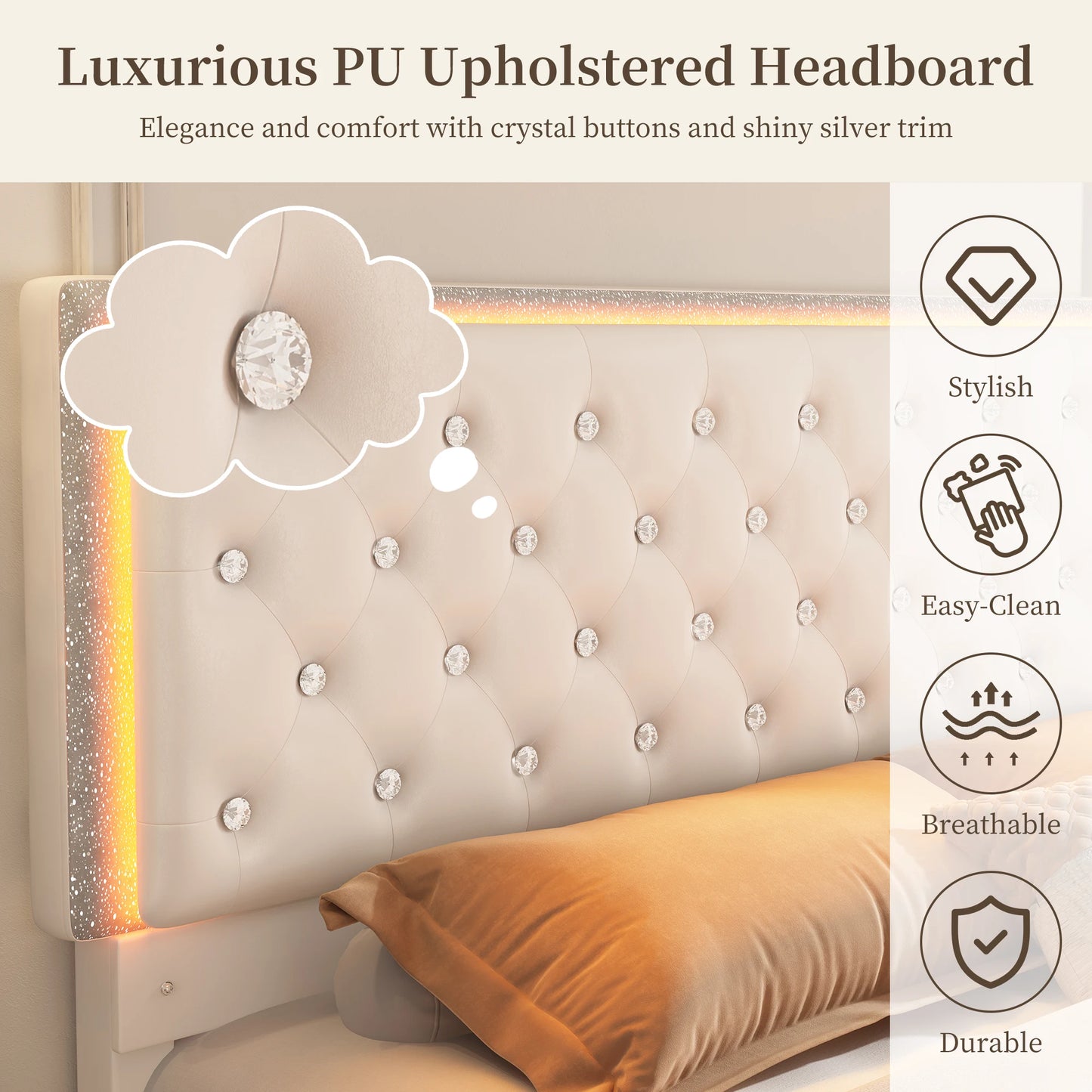 Tufted Crystal Button Headboard & Footboard, Side Pockets with Storage Platform
