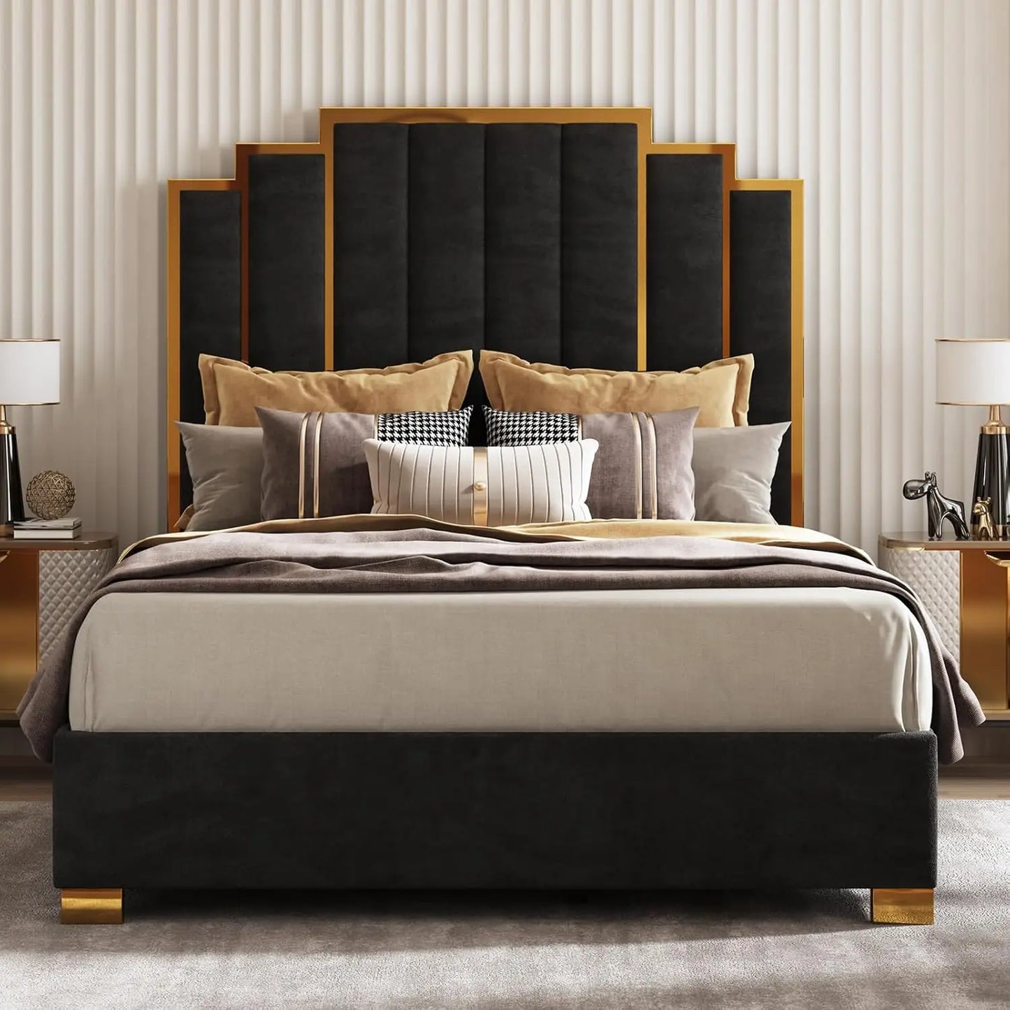 Upholstered Velvet Bed Frame w/Gold Trim Headboard
