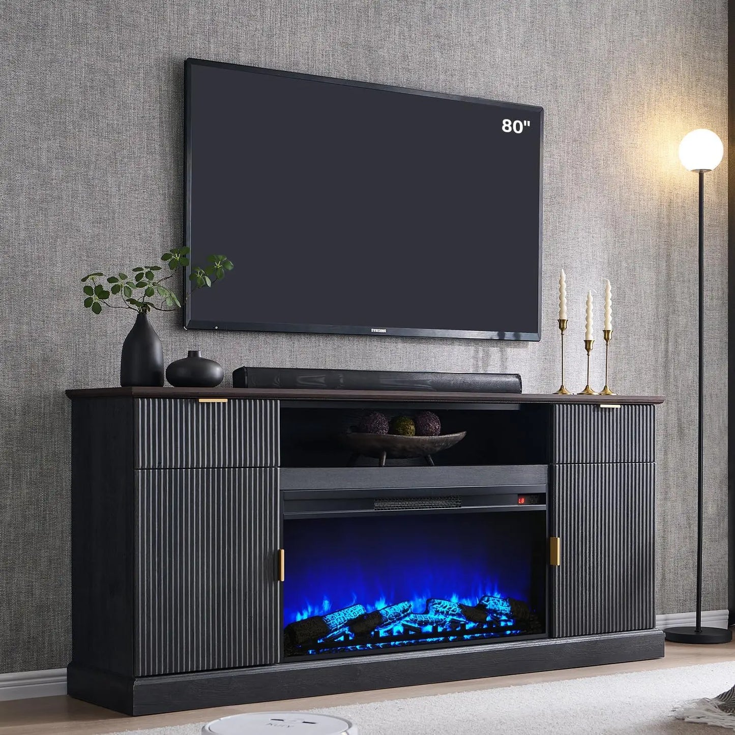 Fluted Wood Fireplace TV Stand Entertainment Center with Adjustable Shelves