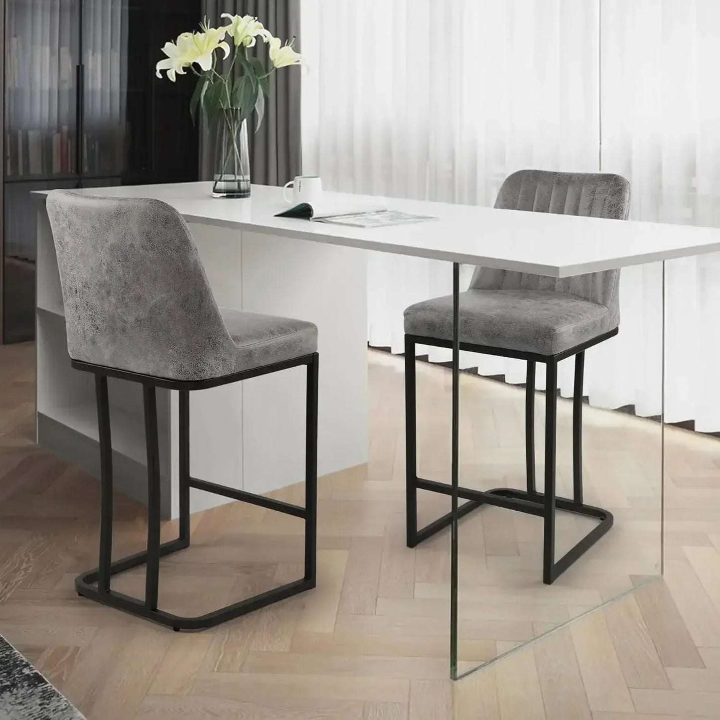 Upholstered Fabric Counter Height Bar Stools w/Footrest & Metal Legs