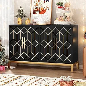 Accent Sideboard Cabinet with Gold Trim 4 Doors and Shelves