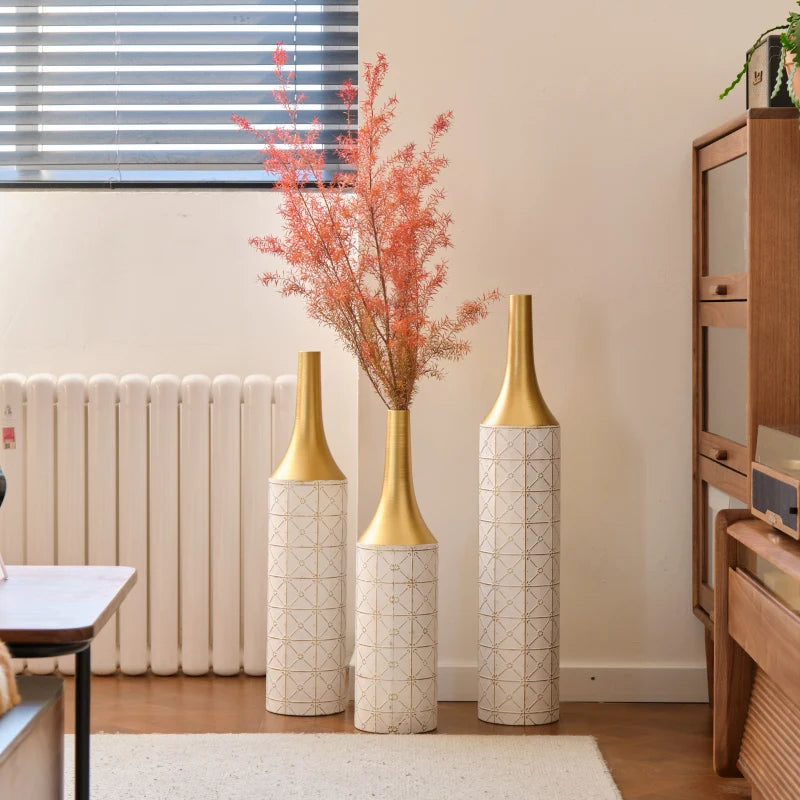 Floor Decorated White Glazed Metal Vases Set Of 3