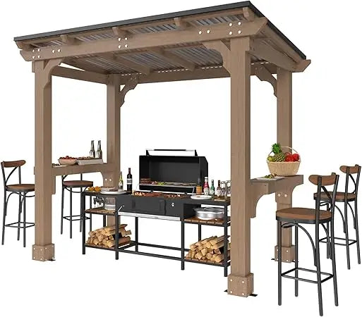 8' x 5' Wooden Grill Gazebo w/Sloping Hardtop Metal Roof