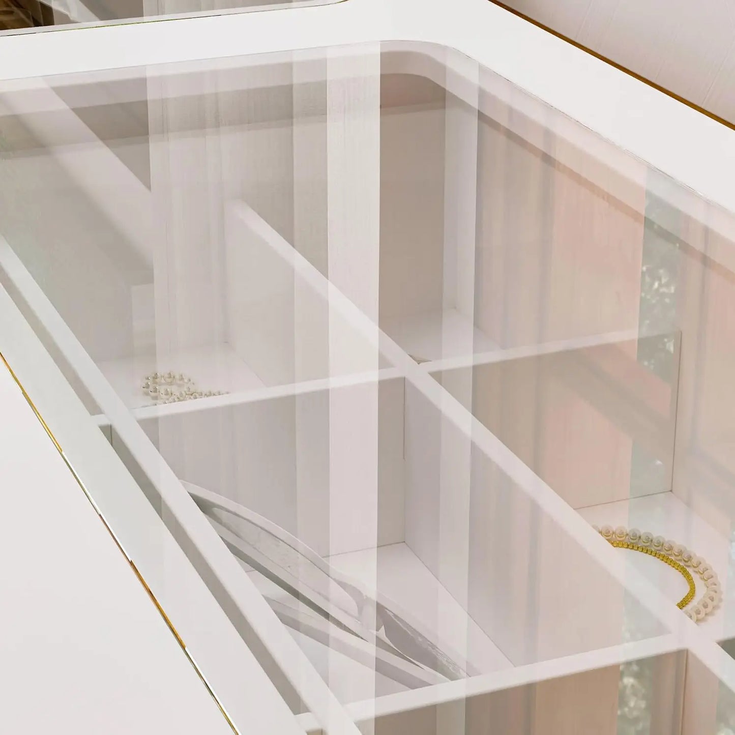 Glass Top White Vanity with 8 Drawers
