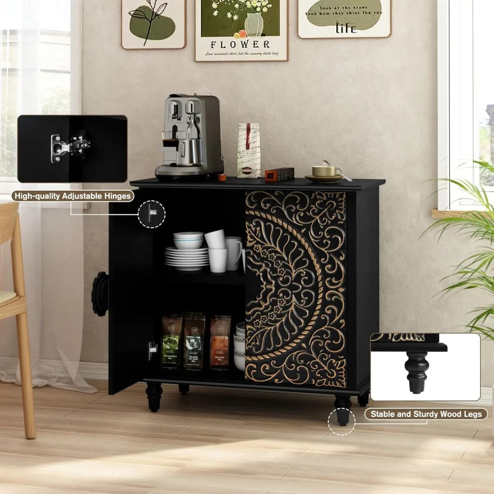 2-Door Decorative Storage Cabinet w/Carved Flower Pattern
