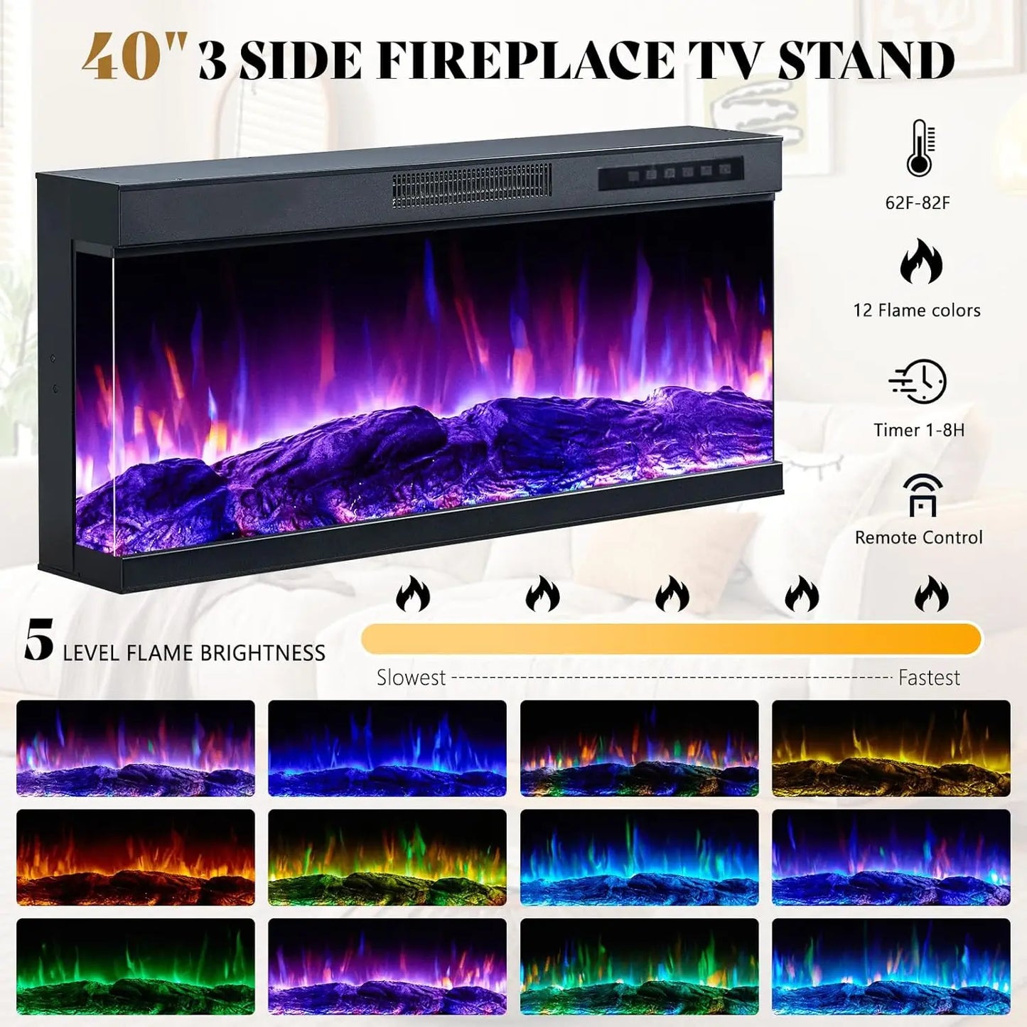 75" Rustic Fireplace TV Stand w/ 3-Side Glass & LED Lights