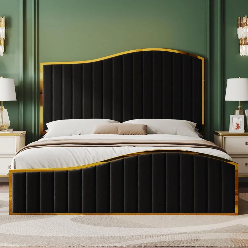 61.4" High Queen SizeHeadboard Platform Bed with Velvet Upholstry with Gold Trim , Bedroom Queen Bed Frame