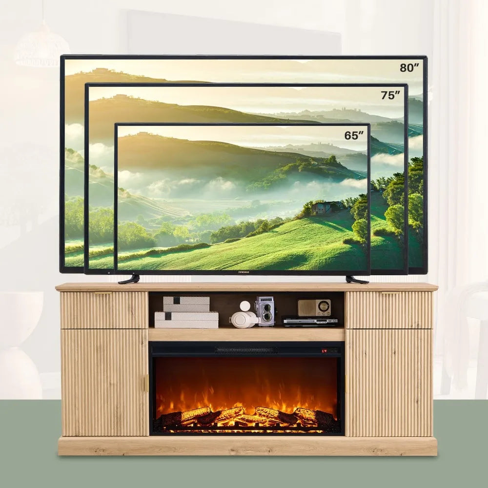 Fluted Wood Fireplace TV Stand Entertainment Center with Adjustable Shelves