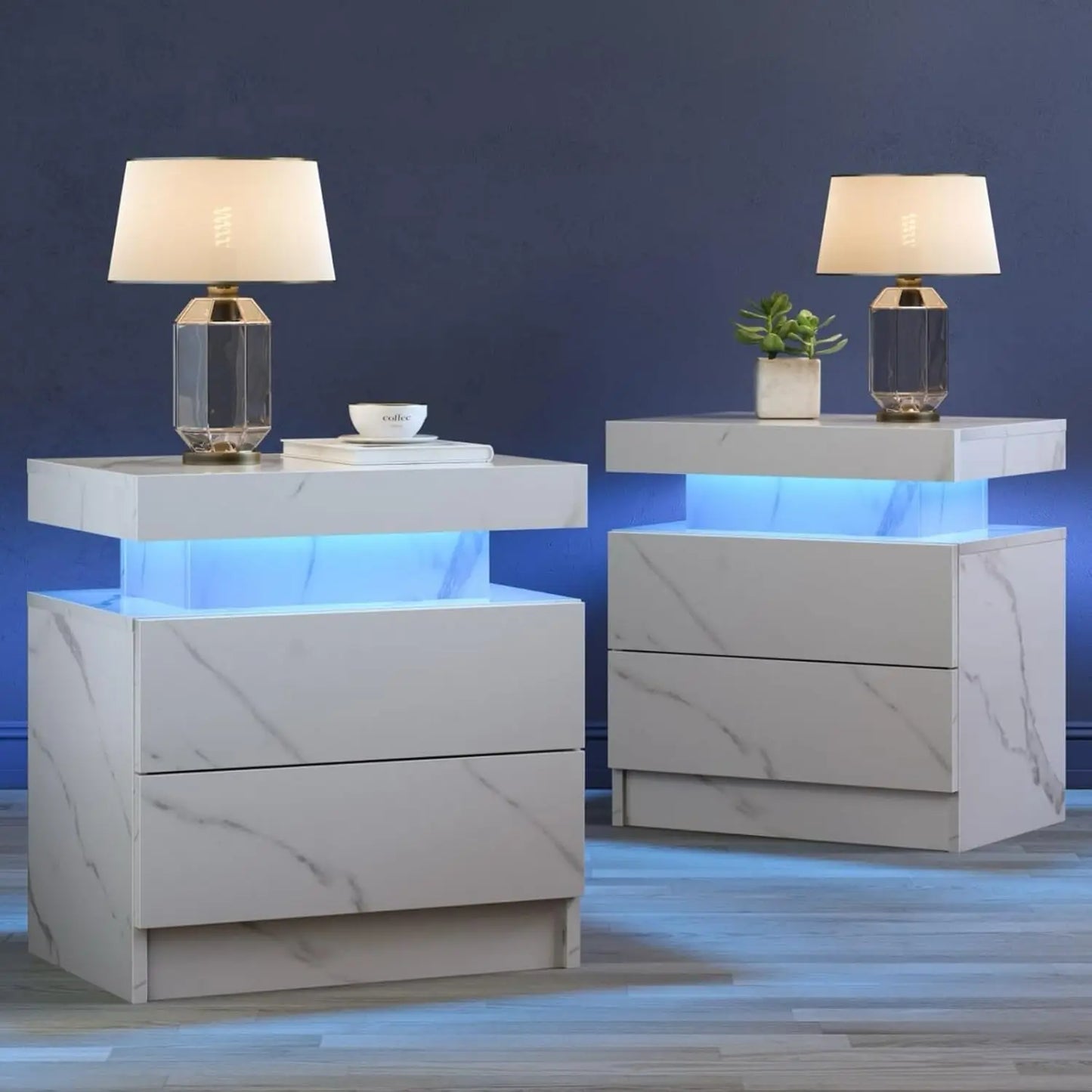 Set of 2 Black Bedside Nightstands with LED Lights