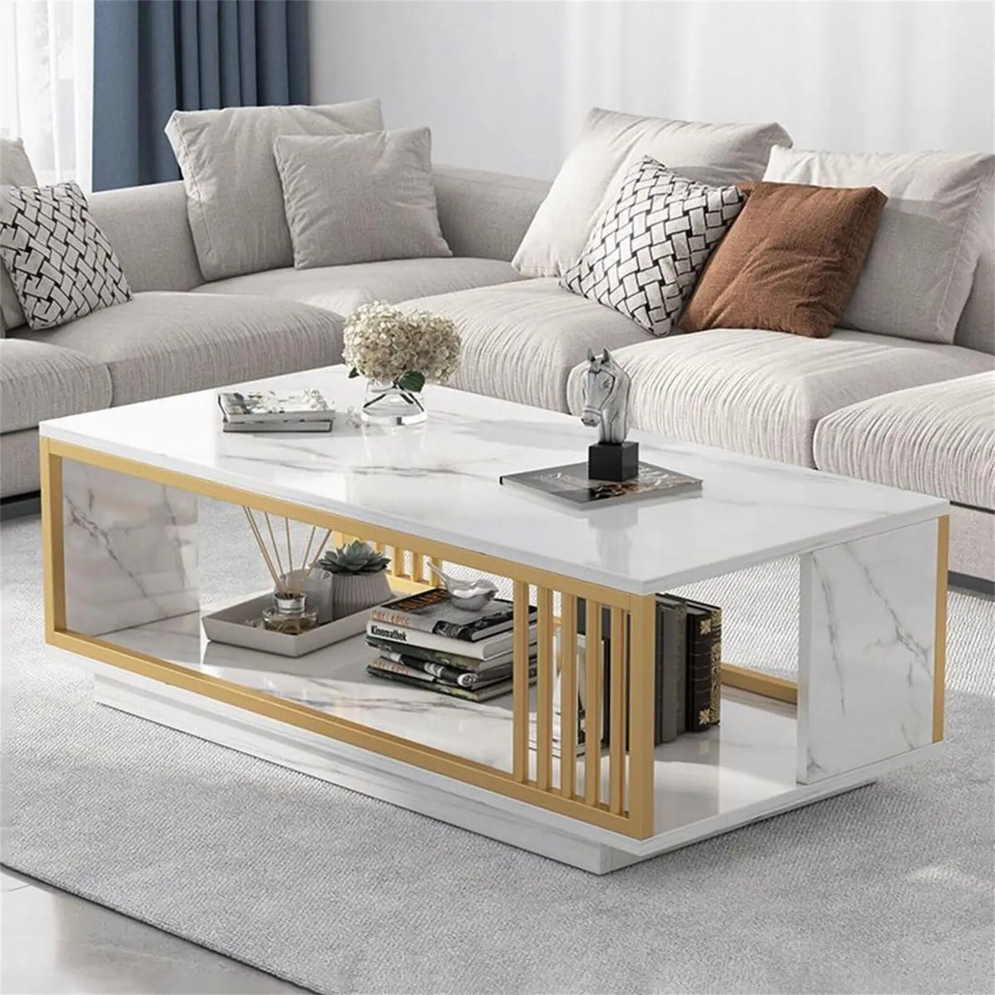2-Tier White Faux Marble Coffee Table