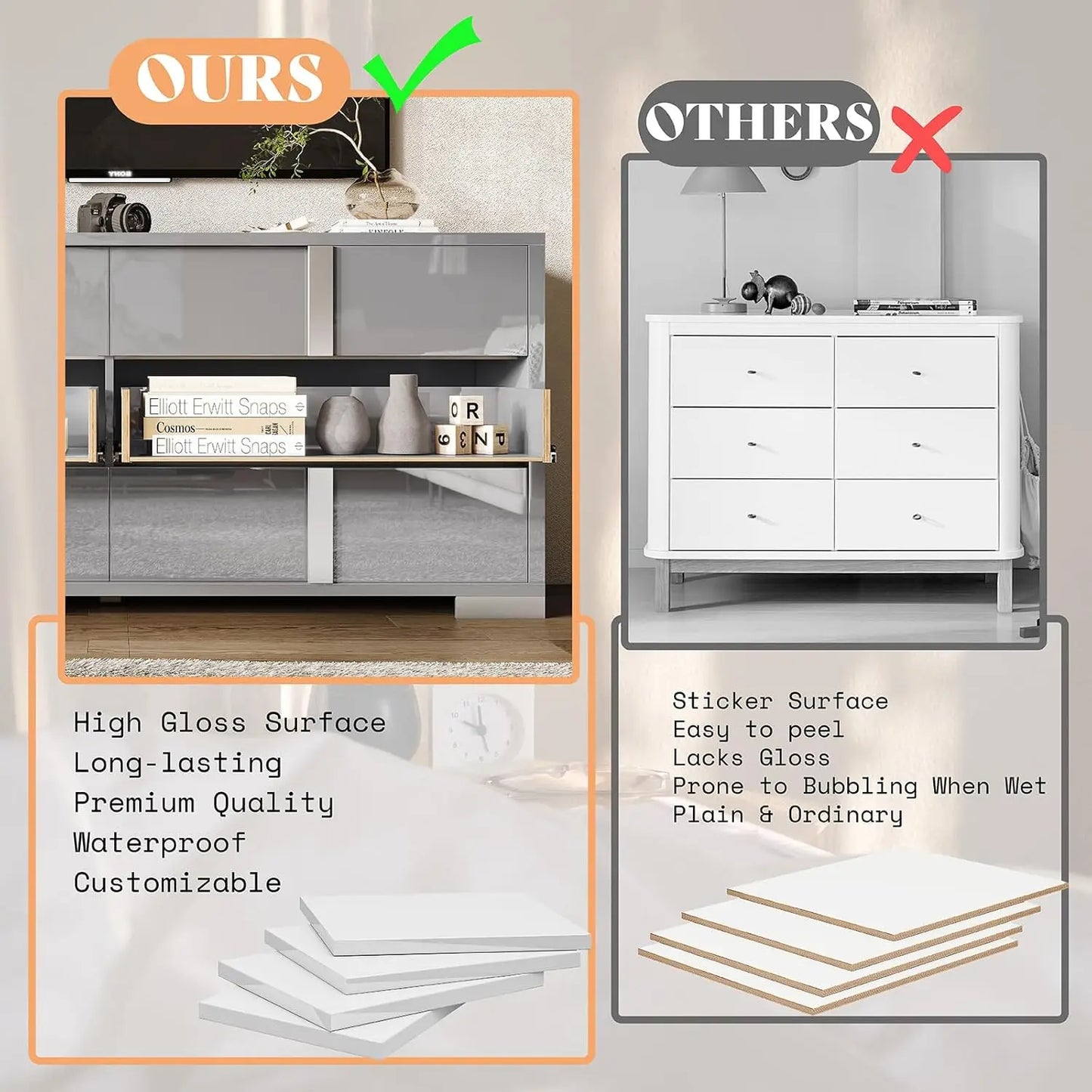 Elegant 54" W High Gloss 6 Drawers Dressers with Silver Grooved Handles