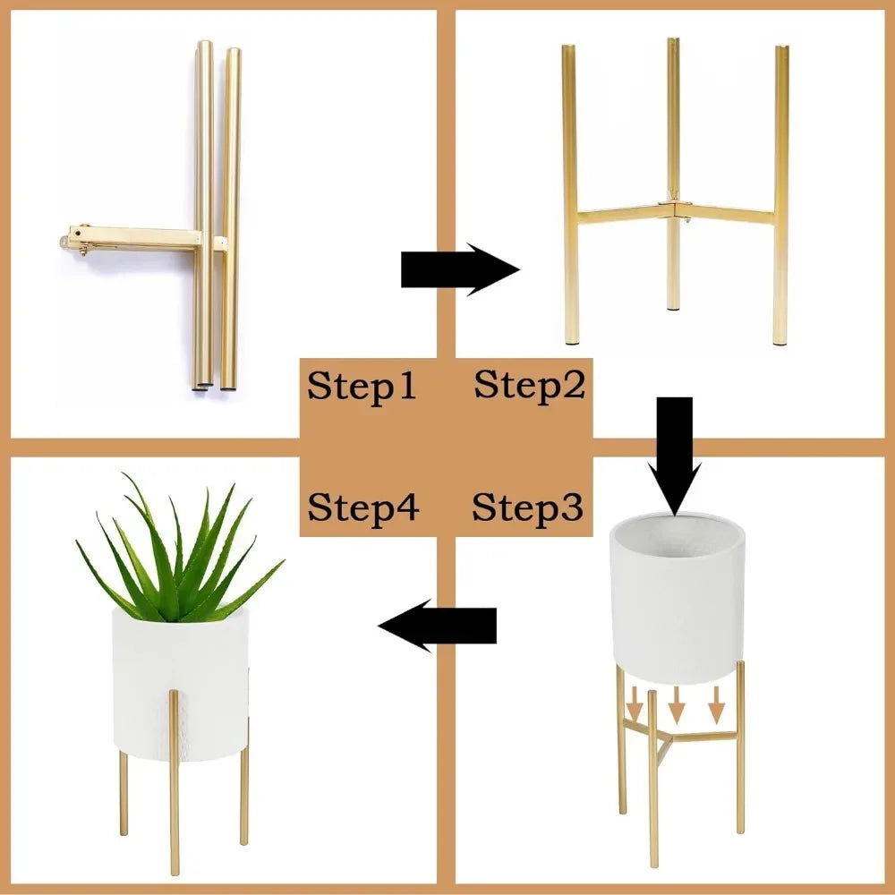 Set of 2 White Planter w/ Gold Metal Stand