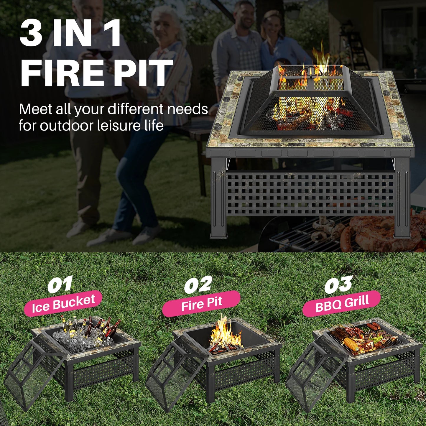 30 Inch Fire Pit, Square Outdoor Fireplace Table w/ Mesh Lid & Fire Poker, 3-in-1 Multipurpose Firepits for Yard, Garden, Patio